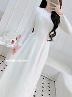 LYRIC White ao dai with simple crystals round collar