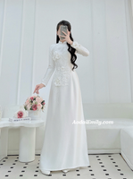LINA White Traditional ao dai with 3D Flowers and crystals