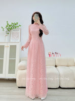 RILEY Blush Pink Lace and silk áo dài with pearls