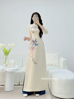 MIA Cream/Blue Spring Flowers Ao Dai set| Taffeta Ao Dai