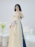 MIA Cream/Blue Spring Flowers Ao Dai set| Taffeta Ao Dai