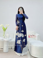 CAROLINE Dark Blue ao dai with designed Lotus crystals
