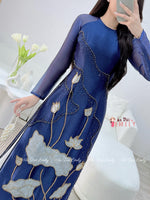 CAROLINE Dark Blue ao dai with designed Lotus crystals