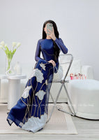 CAROLINE Dark Blue ao dai with designed Lotus crystals