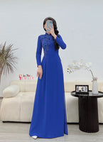 SKYLAR Blue ao dai with crystals, pearls and 3D flowers