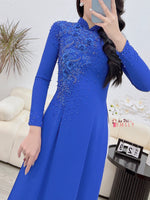 SKYLAR Blue ao dai with crystals, pearls and 3D flowers