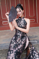 LOTTIE Black/pink Sleeveless Ao dai Taffeta Sakura patterns