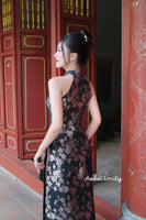 LOTTIE Black/pink Sleeveless Ao dai Taffeta Sakura patterns