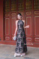 LOTTIE Black/pink Sleeveless Ao dai Taffeta Sakura patterns