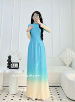 ROSALIA Ombre Blue/Cream ao dai with designed Crystals rhinestones