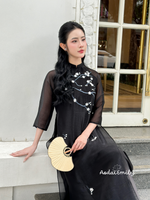 SAYLOR Black modern ao dai with embroidery flowers