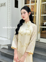 RAYA Cream/ Gold Spring flowers pattern modern ao dai set