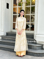 RAYA Cream/ Gold Spring flowers pattern modern ao dai set