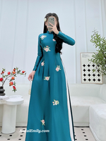 KATALINA Dark Blue embroidery ao dai | áo dài lụa thêu hoa