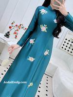 KATALINA Dark Blue embroidery ao dai | áo dài lụa thêu hoa