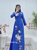 KORA Blue Aó dài Gam with embroidery Flowers