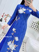 KORA Blue Aó dài Gam with embroidery Flowers