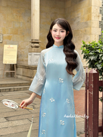 EMILY Blue modern ao dai with embroidery flowers
