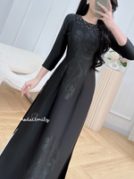 RACHEL Black ao dai with simple crystals rhinestones