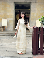ESME Pastel Cream/beige modern ao dai with embroidery flowers