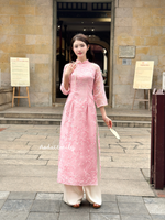 ADELINE Pink modern ao dai with embroidery flowers and bows