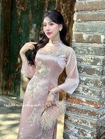 KYLIE Pastel pink Spring flowers pattern| Taffeta ao dai set