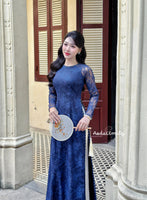 ZOEY Dark Blue Lace and silk áo dài with pearls
