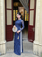 ZOEY Dark Blue Lace and silk áo dài with pearls