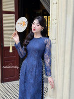 ZOEY Dark Blue Lace and silk áo dài with pearls