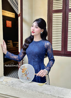 ZOEY Dark Blue Lace and silk áo dài with pearls