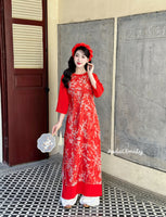 KATIE Red Loosing style Ao Dai with Cherry Blossom