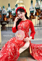 KATIE Red Loosing style Ao Dai with Cherry Blossom