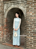 LILITH Baby Blue Mini Flowers Double layers Ao Dai