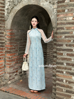 LILITH Baby Blue Mini Flowers Double layers Ao Dai