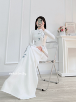 EVERLY White Pre made embroidery ao dai with hand beading crystals
