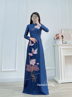 NOA Dark Blue Lotus embroidery with hand beading crystals Ao dai