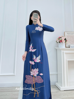 NOA Dark Blue Lotus embroidery with hand beading crystals Ao dai