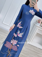 NOA Dark Blue Lotus embroidery with hand beading crystals Ao dai