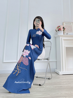 NOA Dark Blue Lotus embroidery with hand beading crystals Ao dai