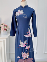 NOA Dark Blue Lotus embroidery with hand beading crystals Ao dai