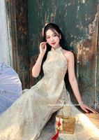 MAYA Sleeveless Cream/beige embroidery patterns ao dai