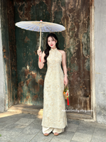 MAYA Sleeveless Cream/beige embroidery patterns ao dai