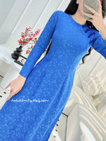SUTTON Ao dài lụa gấm Blue Pre made ao dai Vietnam with buttons