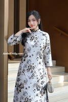 ELLE Black/gold Taffeta ao dai set with Cherry Blossom flowers pattern