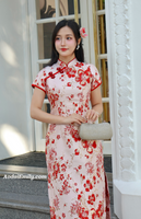 KIANA Mandarin Dress with Red Cherry blossom patterns