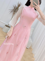 ABBY Pink modern ao dai with embroidery flowers and bows