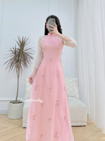 ABBY Pink modern ao dai with embroidery flowers and bows