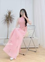 ABBY Pink modern ao dai with embroidery flowers and bows