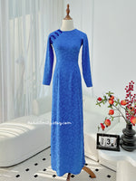 SUTTON Ao dài lụa gấm Blue Pre made ao dai Vietnam with buttons