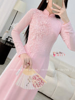 ARIANA Pink Ao dai with designed crystals and 3D flowers